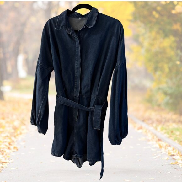 NEW Lantern Sleeve Denim Romper - Elastic Waist Tie Front Short Deep Denim - L - Picture 6 of 12